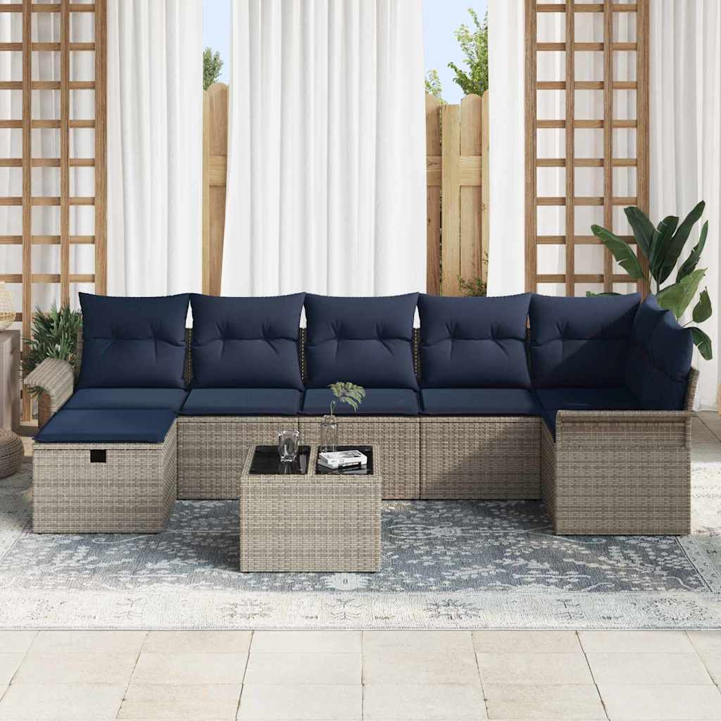 Gartensofa-set mit Kissen 8 pcs Grau und Marineblau Poly-Rattan
