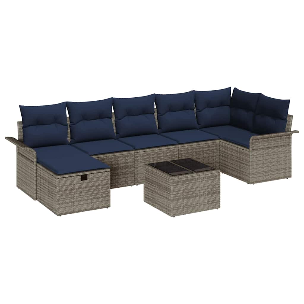 Gartensofa-set mit Kissen 8 pcs Grau und Marineblau Poly-Rattan