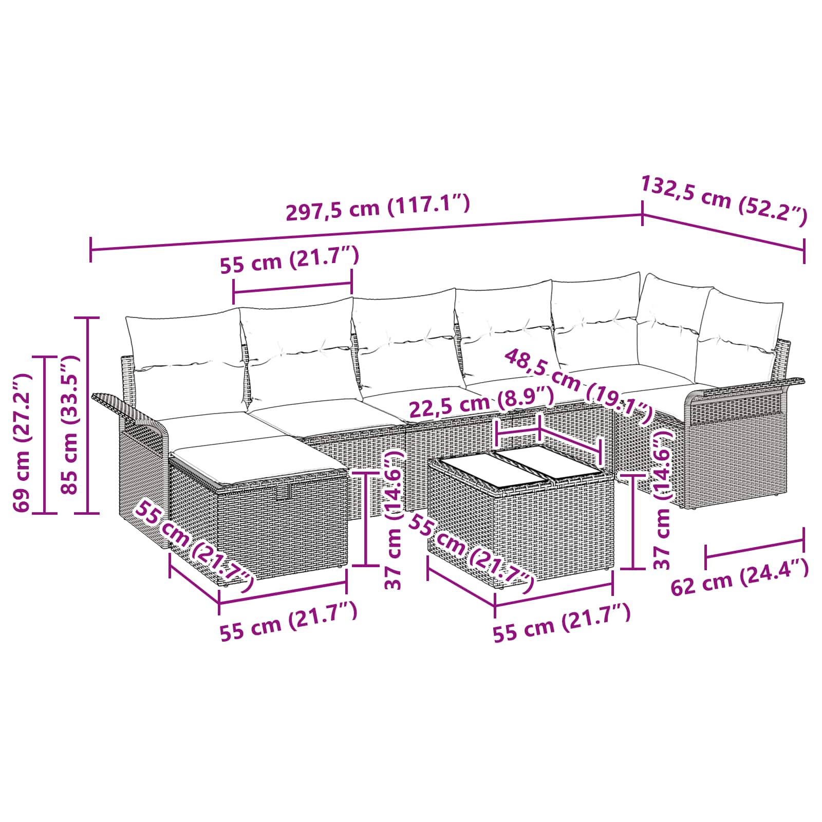 Gartensofa-set mit Kissen 8 pcs Grau und Marineblau Poly-Rattan