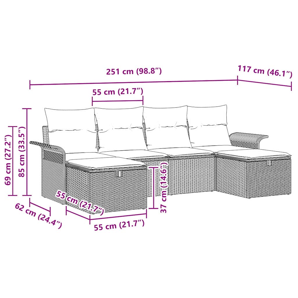 Gartensofa-set mit Kissen 6 pcs Beige und Hellgrau Poly-Rattan