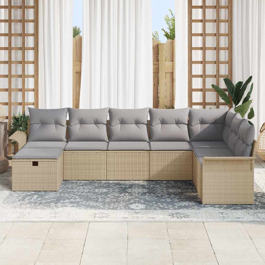 Gartensofa-set mit Kissen 8 pcs Beige und Hellgrau Poly-Rattan