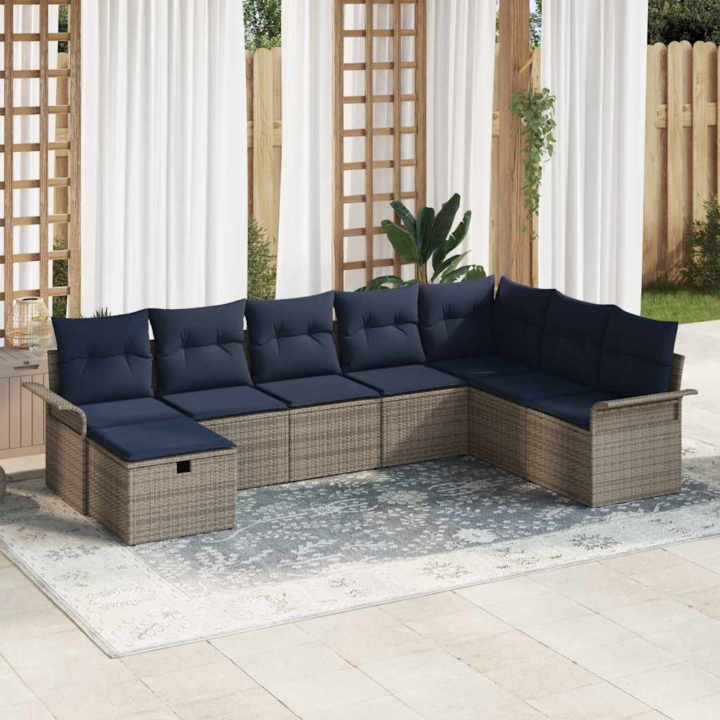 Gartensofa-set mit Kissen 8 pcs Grau und Marineblau Poly-Rattan