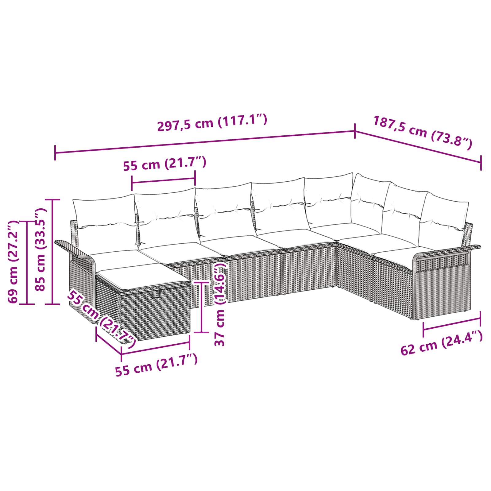 Gartensofa-set mit Kissen 8 pcs Grau und Marineblau Poly-Rattan