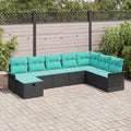 Gartensofa-set mit Kissen 8 pcs Schwarz und Türkis Poly-Rattan