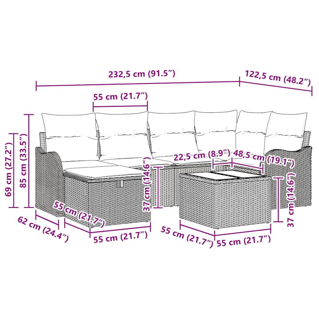 Garten-Sofa-Set mit Kissen 7 pcs Hellgrau Poly Rattan