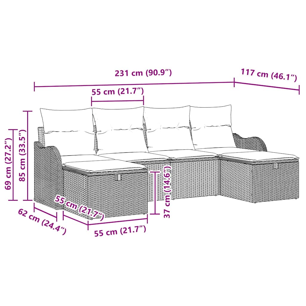 Sofa Set mit Kissen 6 pcs Beige und Hellgrau Poly-Rattan