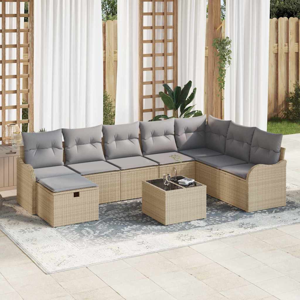 Sofa Set mit Kissen 9 pcs Beige und Hellgrau Poly-Rattan