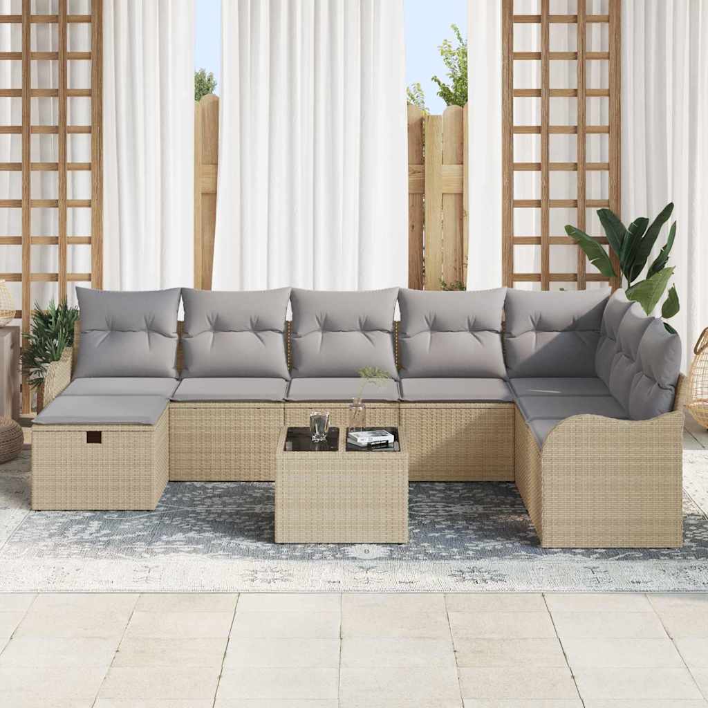 Sofa Set mit Kissen 9 pcs Beige und Hellgrau Poly-Rattan