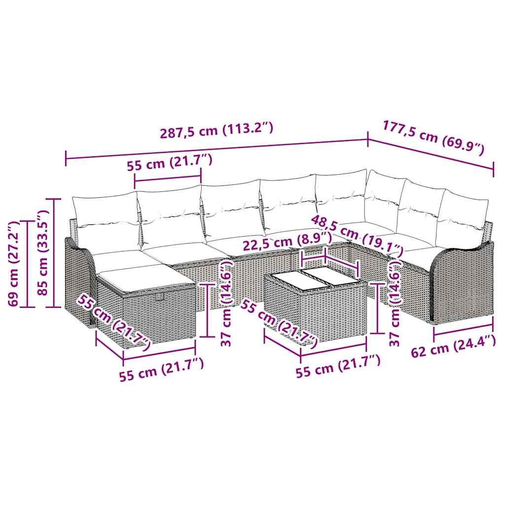 Sofa Set mit Kissen 9 pcs Beige und Hellgrau Poly-Rattan