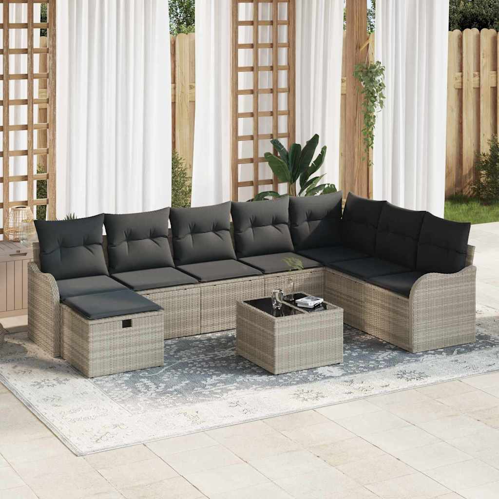 Sofa Set mit Kissen mit Speicher 9 pcs Hellgrau Poly-Rattan