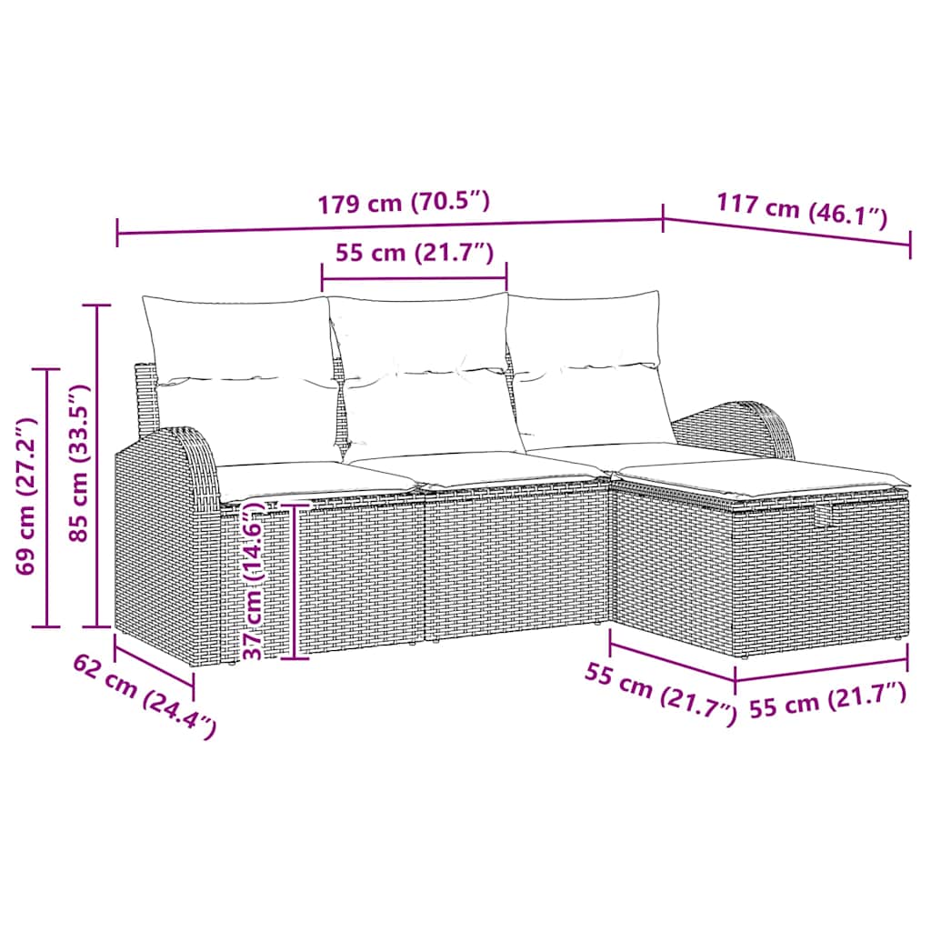 Sofa Set mit Kissen 4 pcs Beige und Hellgrau Poly-Rattan
