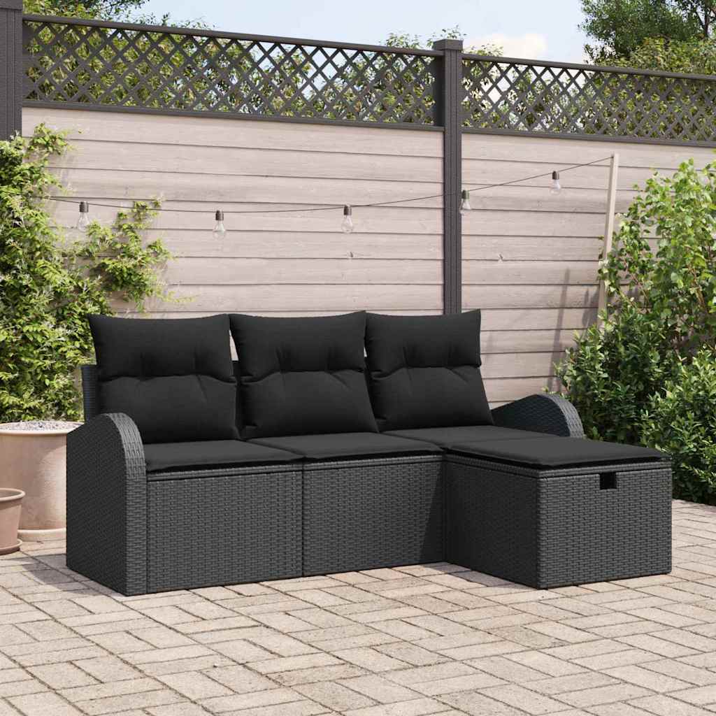 Sofa Set mit Kissen mit Speicher 4 pcs Schwarz Poly-Rattan