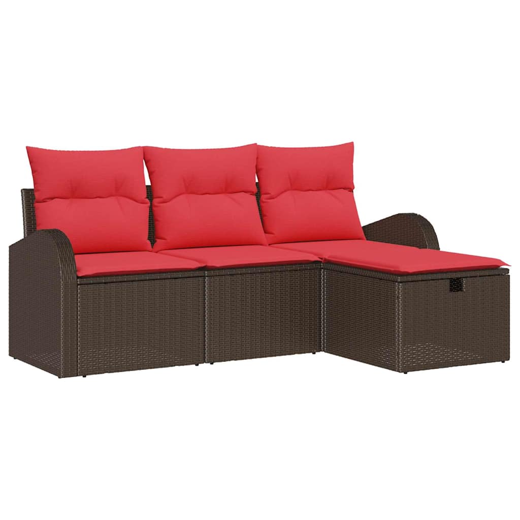 Sofa Set mit Kissen 4 pcs Braun und Rot Poly-Rattan