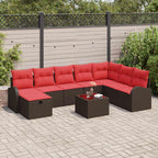 Sofa Set mit Kissen 9 pcs Braun und Rot Poly-Rattan