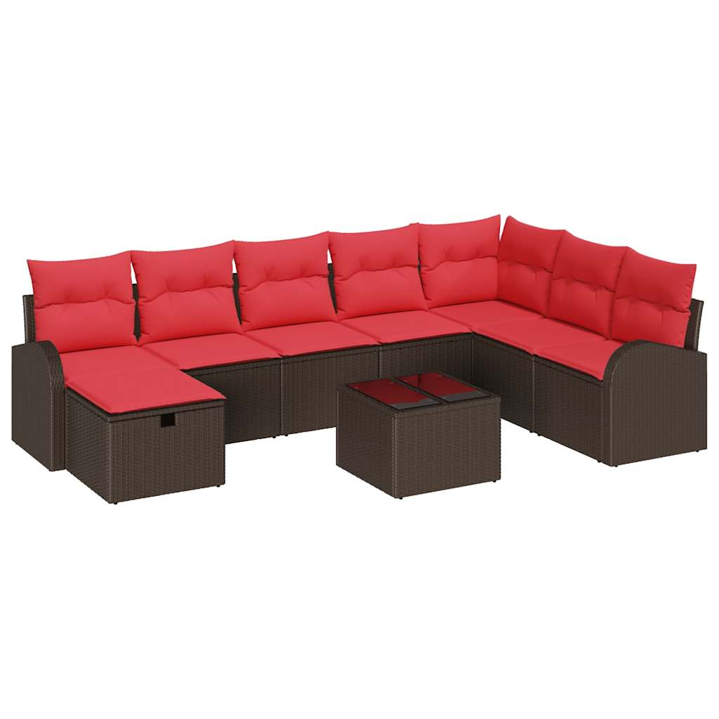 Sofa Set mit Kissen 9 pcs Braun und Rot Poly-Rattan