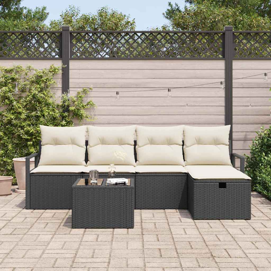 Sofa Set mit Kissen 6 pcs Schwarz und Creme Poly-Rattan