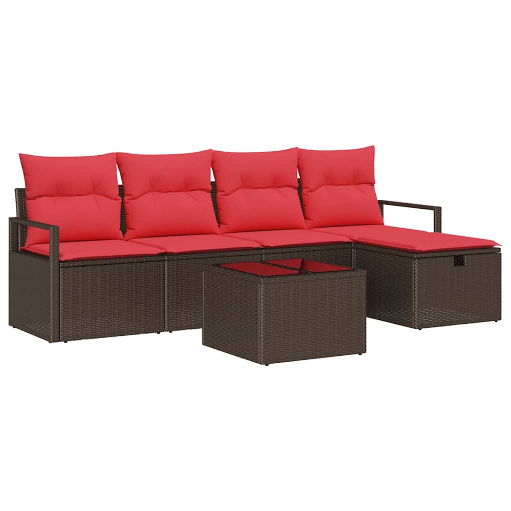 Sofa Set mit Kissen 6 pcs Braun und Rot Poly-Rattan