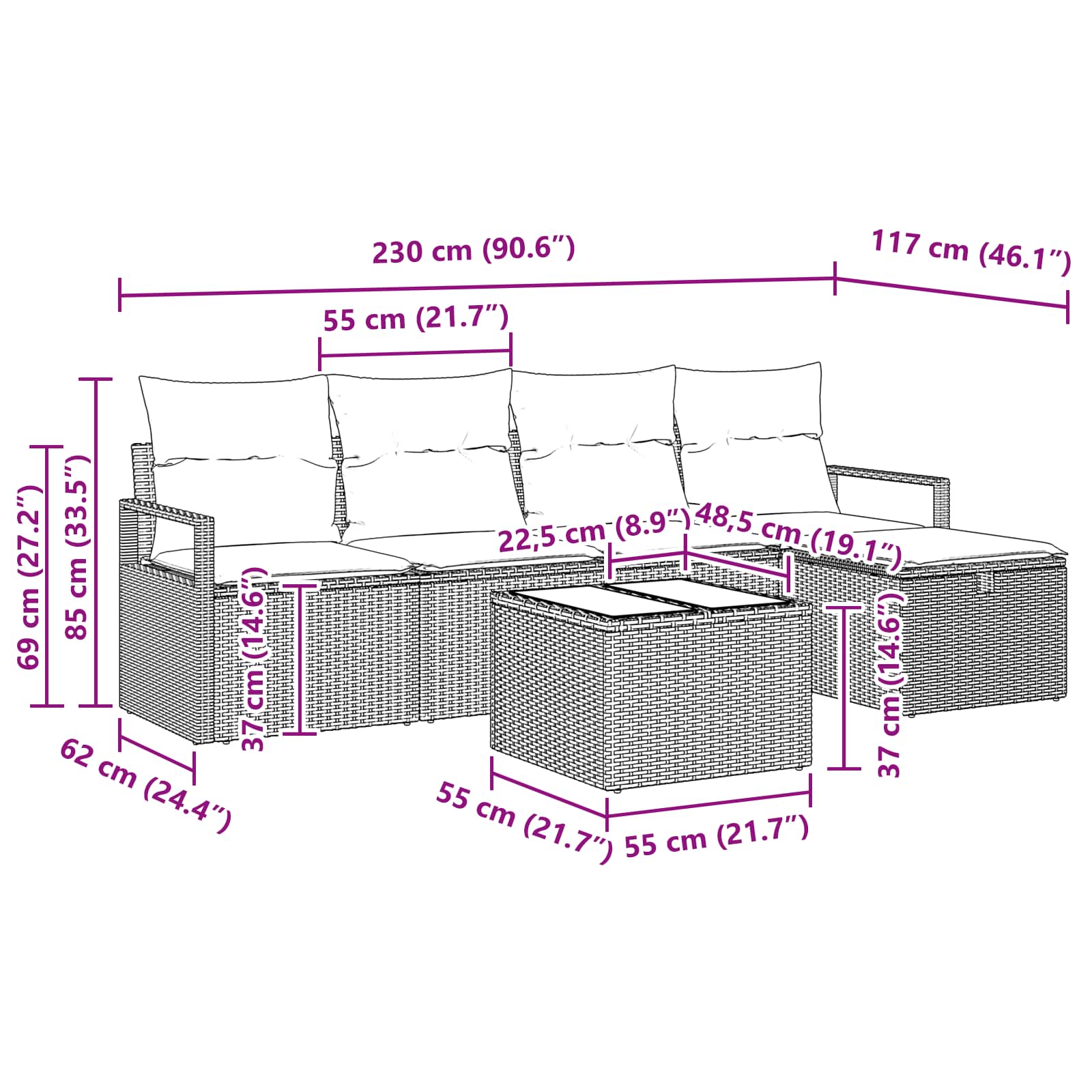 Sofa Set mit Kissen 6 pcs Schwarz und Türkis Poly-Rattan