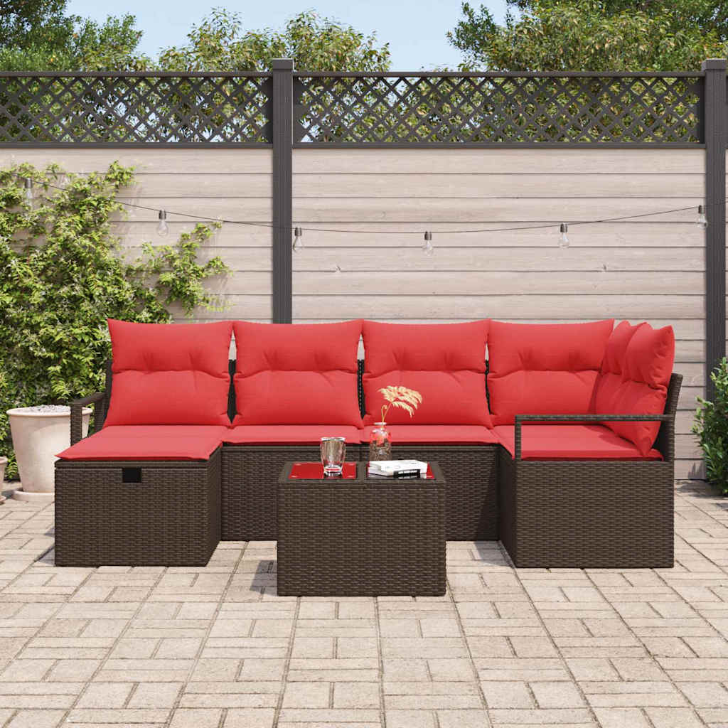 Sofa Set mit Kissen 7 pcs Braun und Rot Poly-Rattan