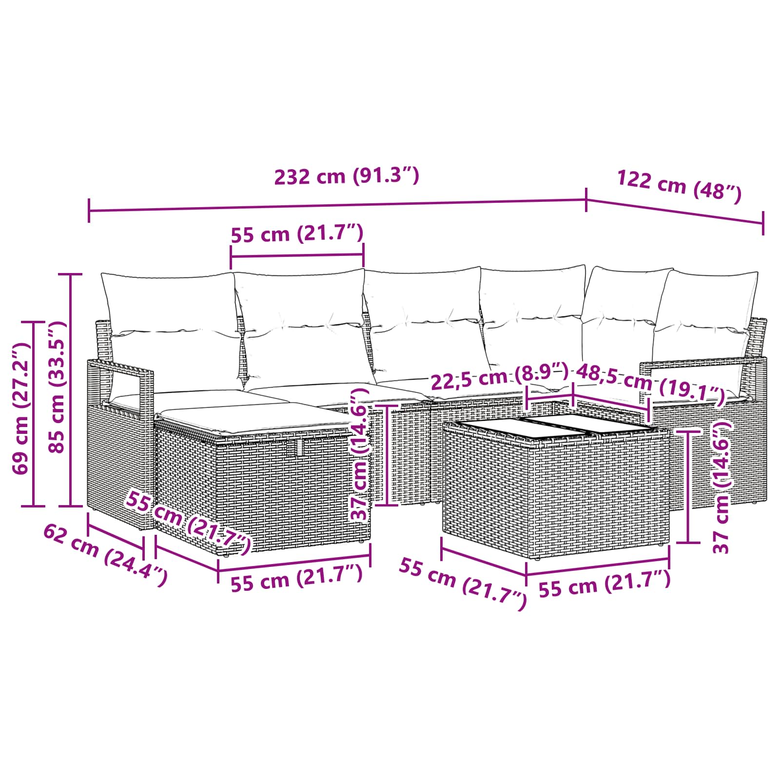 Sofa Set mit Kissen 7 pcs Braun und Rot Poly-Rattan