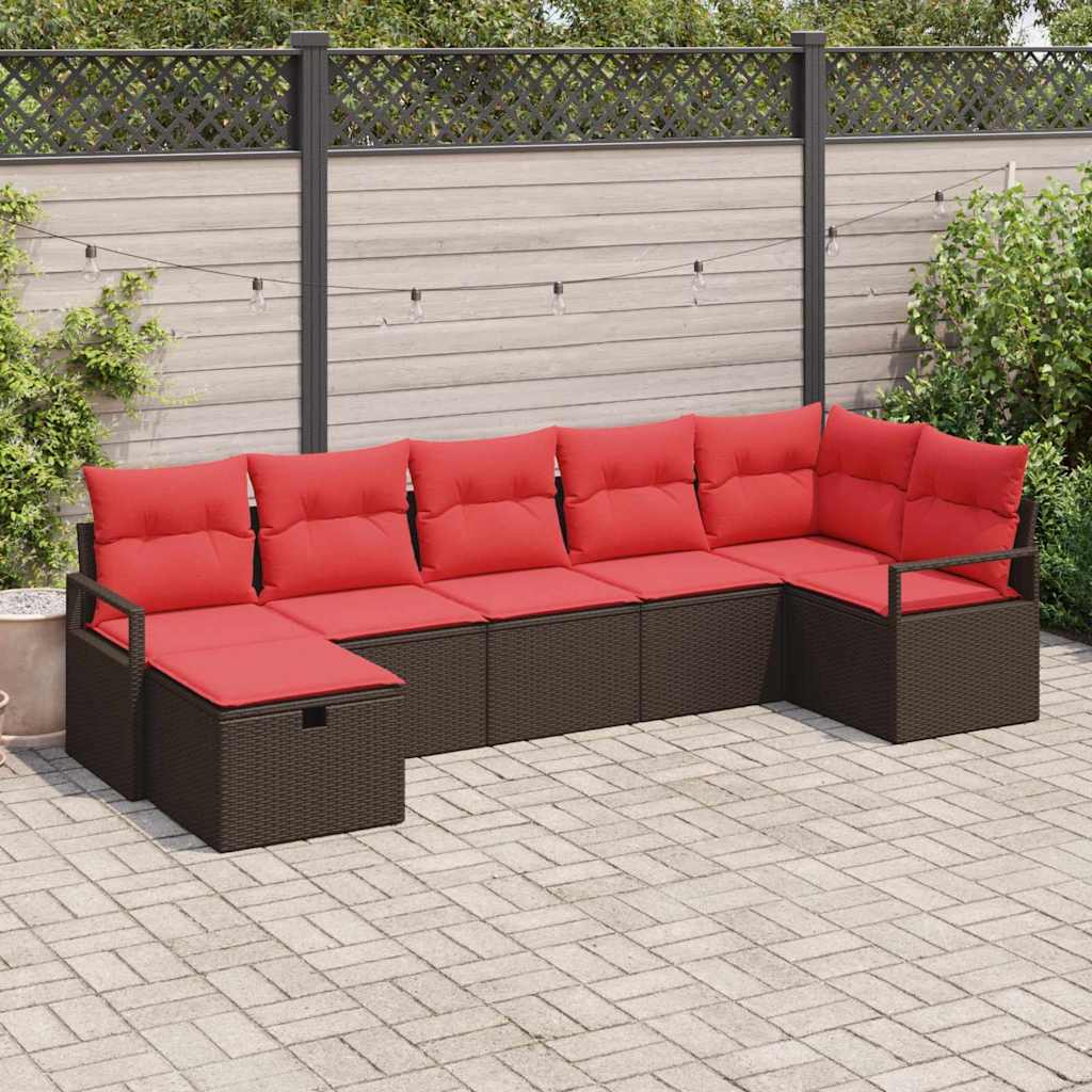 Sofa Set mit Kissen 7 pcs Braun und Rot Poly-Rattan