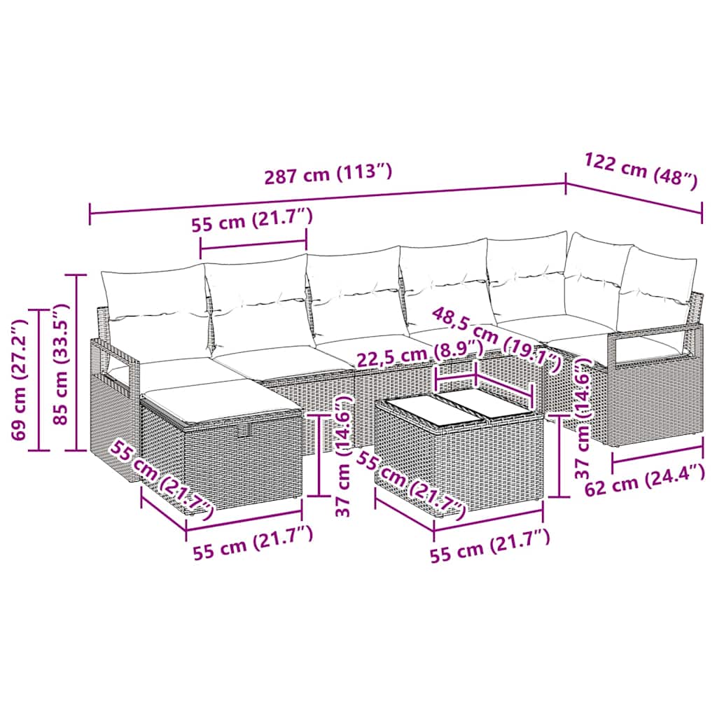 Sofa Set mit Kissen 8 pcs Beige und Hellgrau Poly-Rattan
