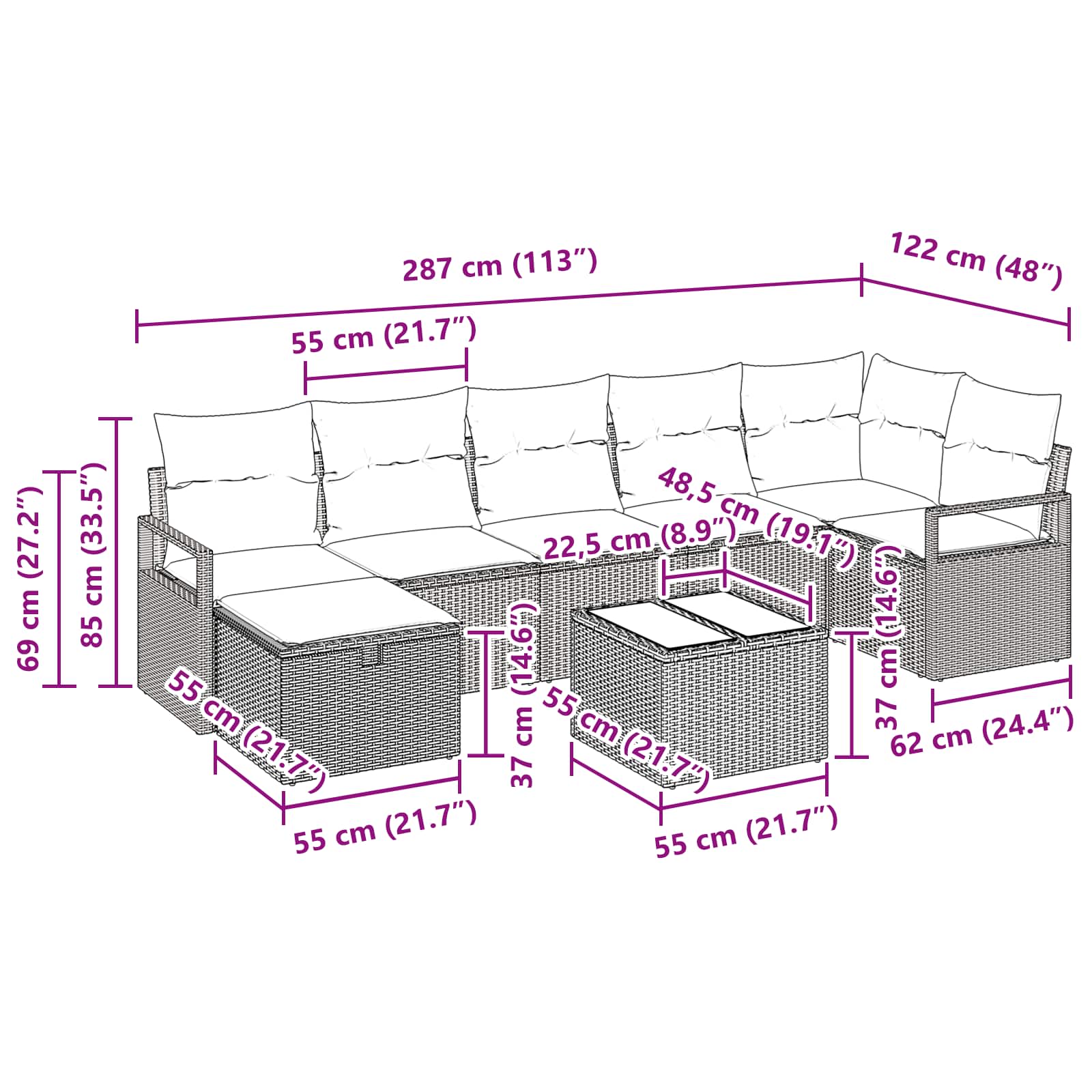 Sofa Set mit Kissen mit Speicher Braun und Rot Poly-Rattan