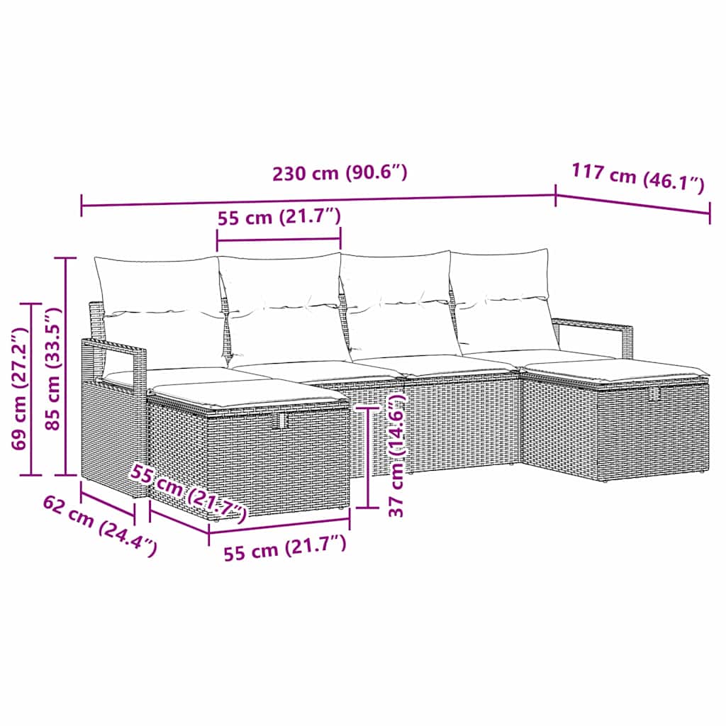 Sofa Set mit Kissen mit Speicher 6 pcs Grau Poly-Rattan