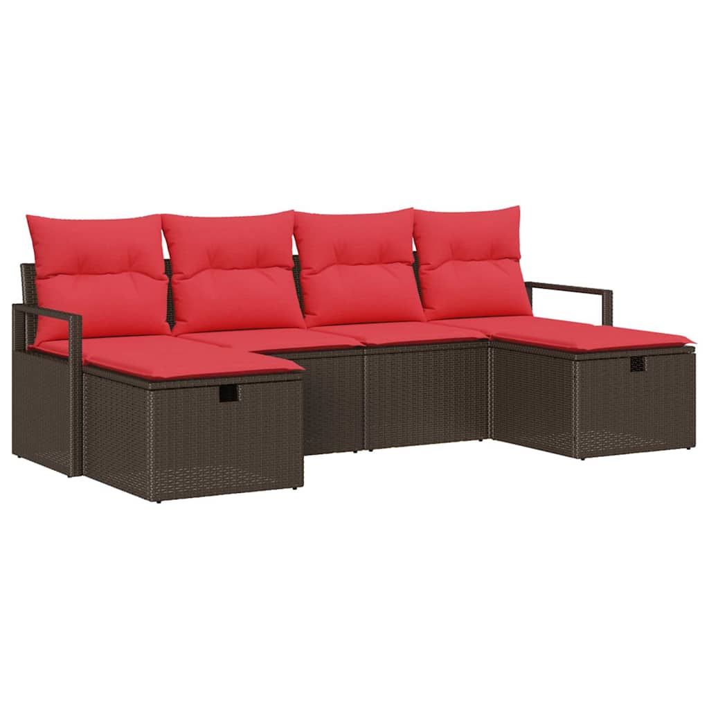 Sofa Set mit Kissen 6 pcs Braun und Rot Poly-Rattan
