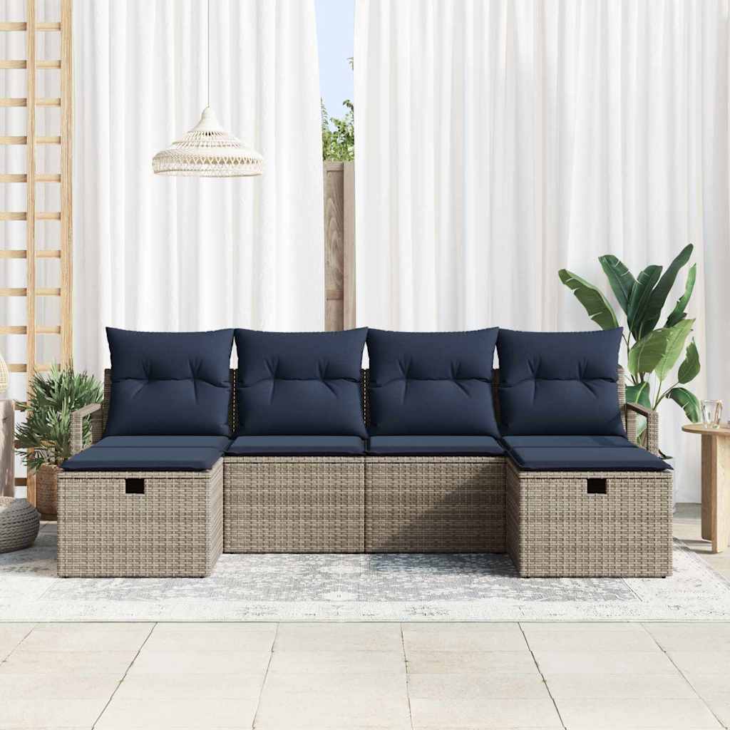 Sofa Set mit Kissen 6 pcs Grau und Marineblau Poly-Rattan