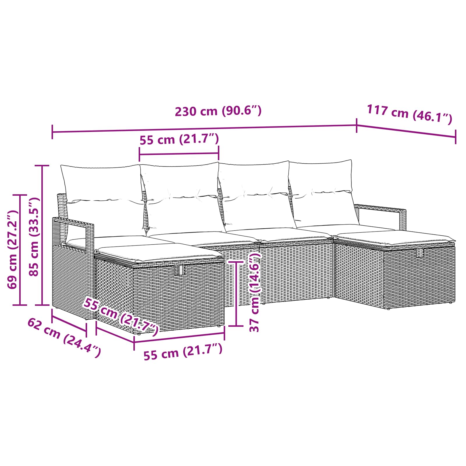 Sofa Set mit Kissen 6 pcs Grau und Marineblau Poly-Rattan