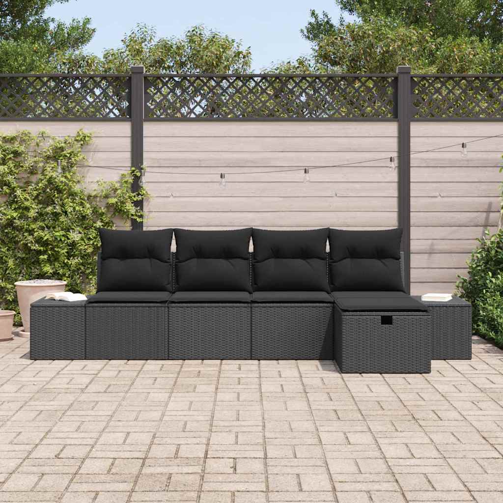 Gartensofa-set mit Kissen 5 pcs Schwarz Poly-Rattan