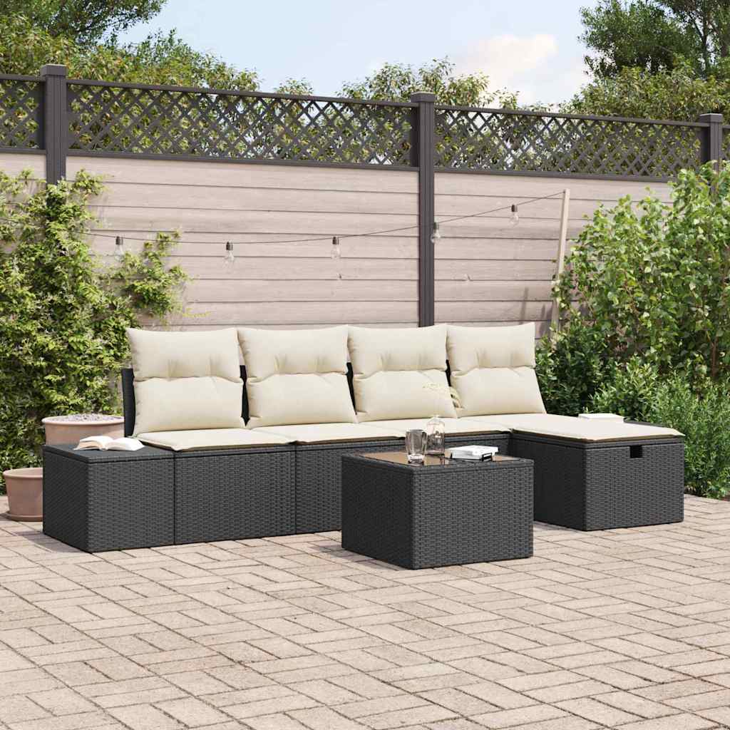 Gartensofa-set mit Kissen 6 pcs Schwarz Poly-Rattan