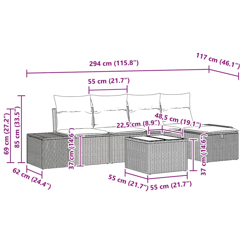 Gartensofa-set mit Kissen 6 pcs Schwarz Poly-Rattan