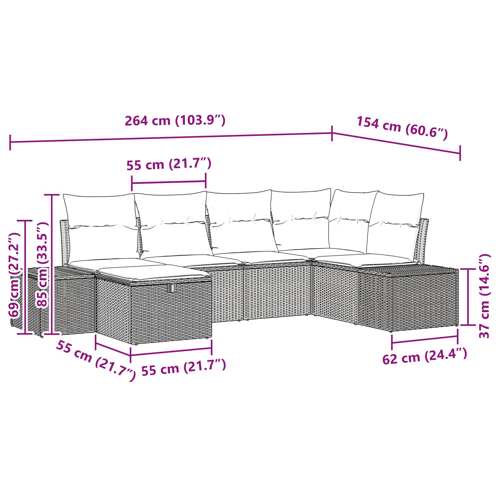 Gartensofa-set mit Kissen 6 pcs Braun Poly-Rattan