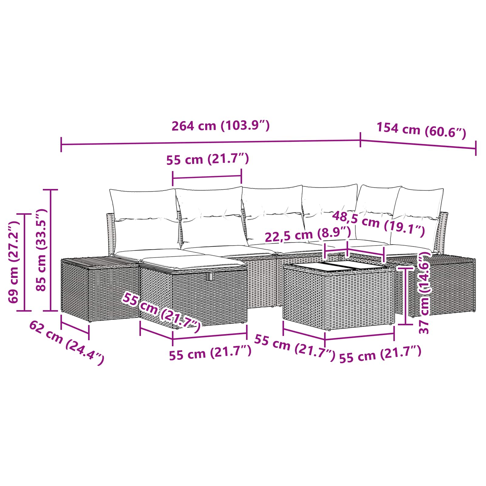 Gartensofa-set mit Kissen 7 pcs Braun Poly-Rattan