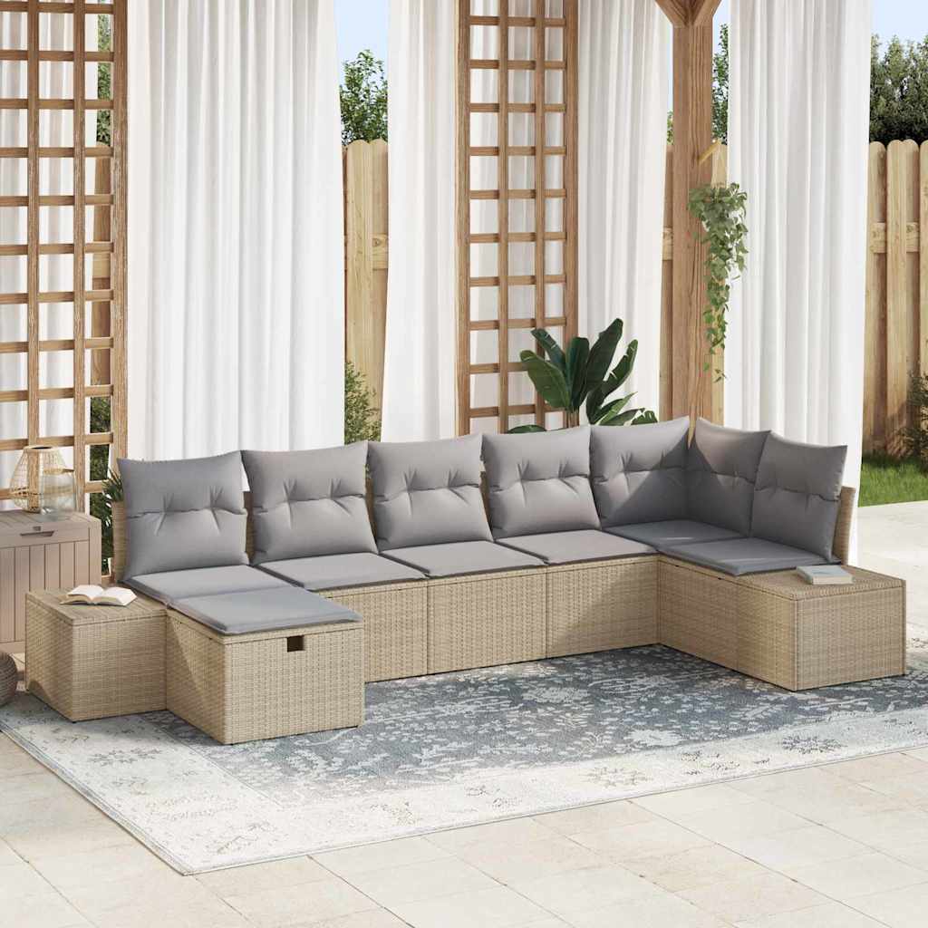 Gartensofa-set mit Kissen 7 pcs Beige Poly-Rattan
