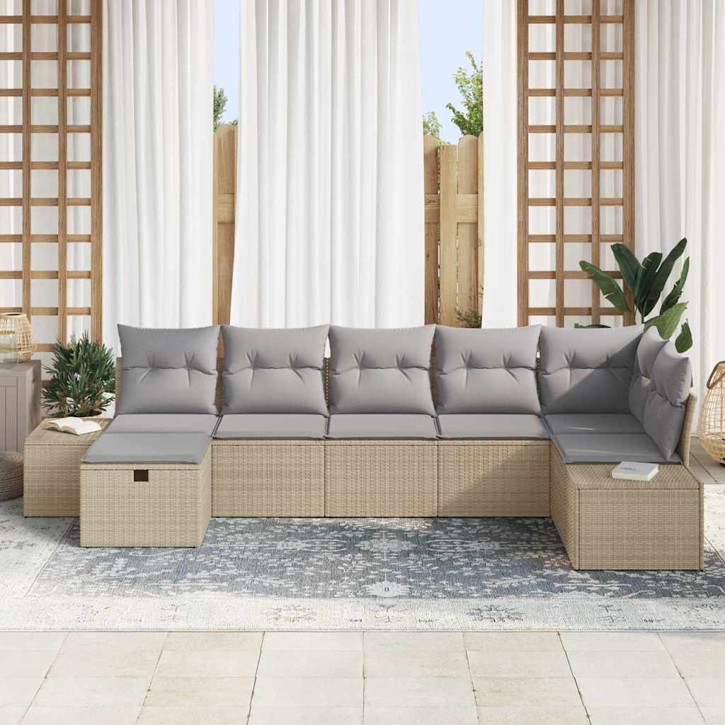 Gartensofa-set mit Kissen 7 pcs Beige Poly-Rattan