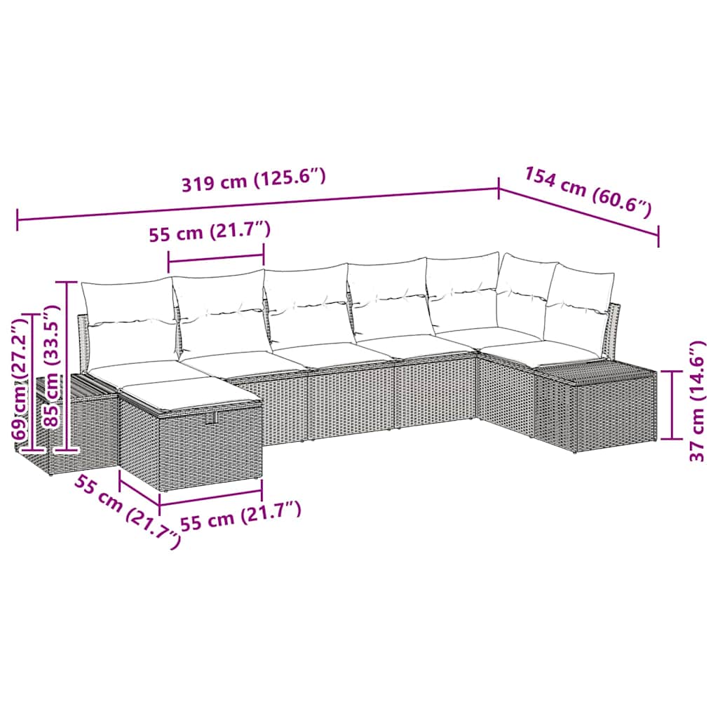 Gartensofa-set mit Kissen 7 pcs Beige Poly-Rattan
