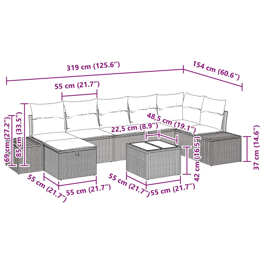 Gartensofa-set mit Kissen 8 pcs Schwarz Poly-Rattan
