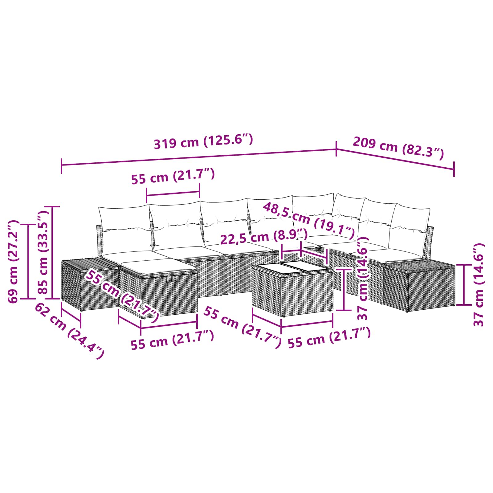 Gartensofa-set mit Kissen 9 pcs Braun Poly-Rattan