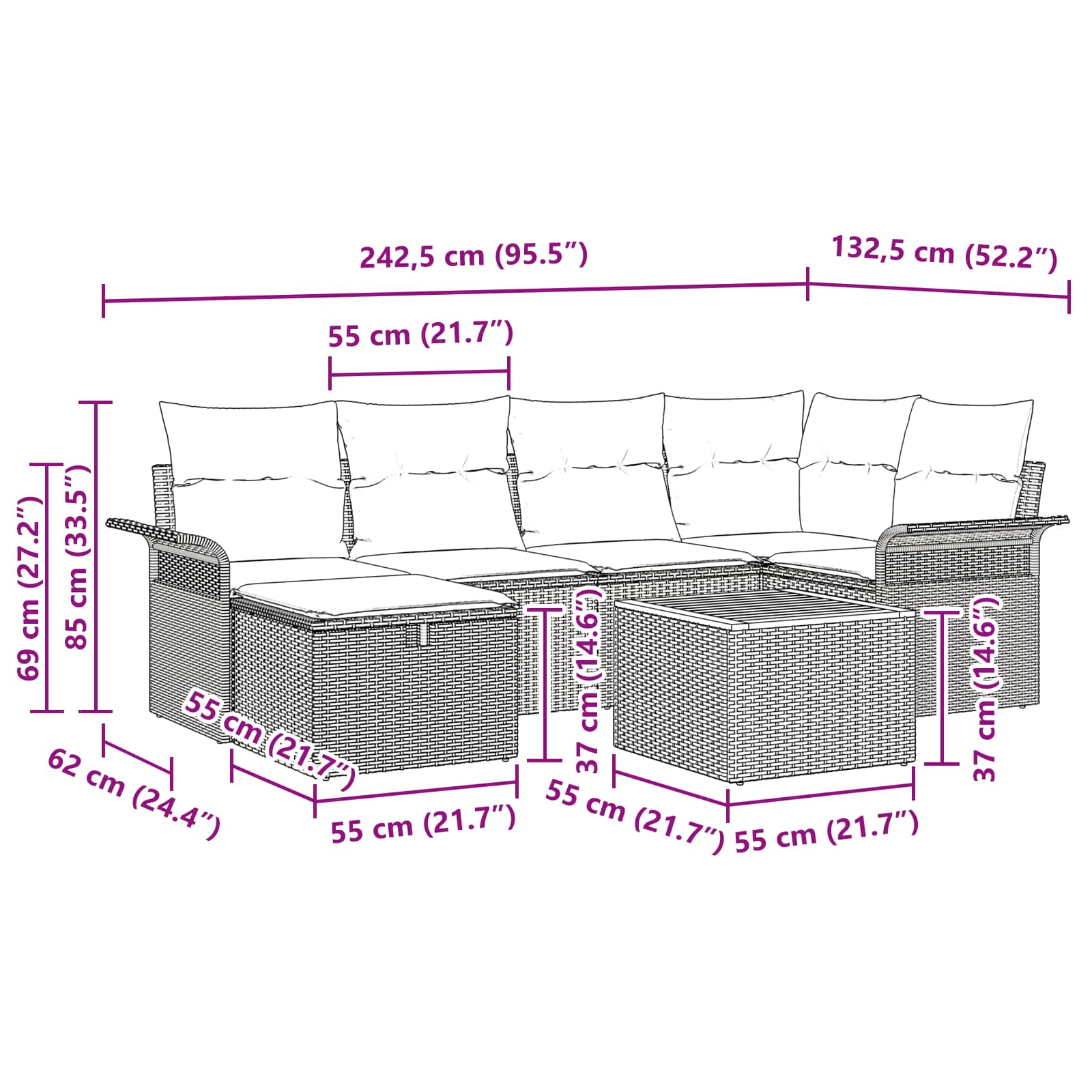 Gartensofa-set mit Kissen 7 pcs Schwarz Poly-Rattan