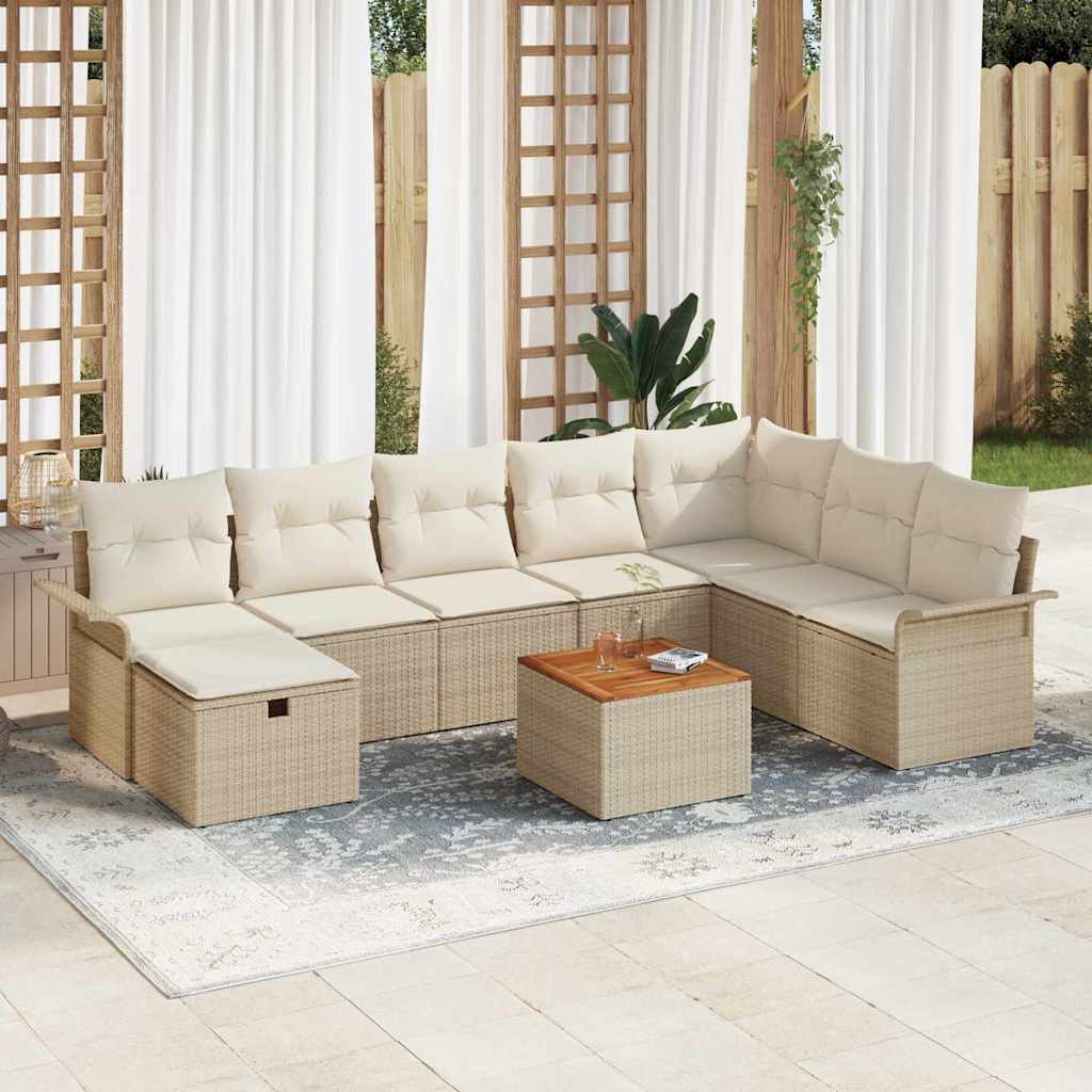 Gartensofa-set mit Kissen mit Speicher 9 pcs Beige Poly-Rattan