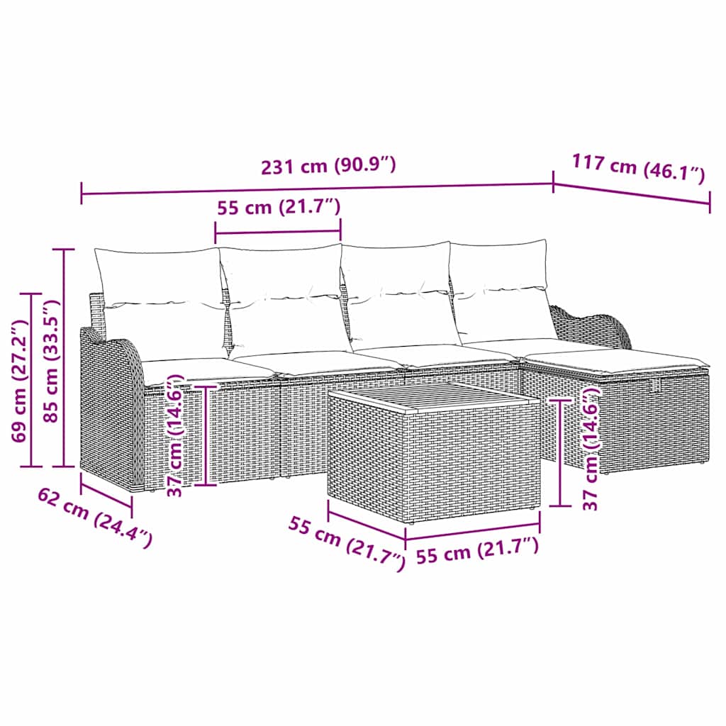 Gartensofa-set mit Kissen mit Speicher 6 pcs Grau Poly-Rattan