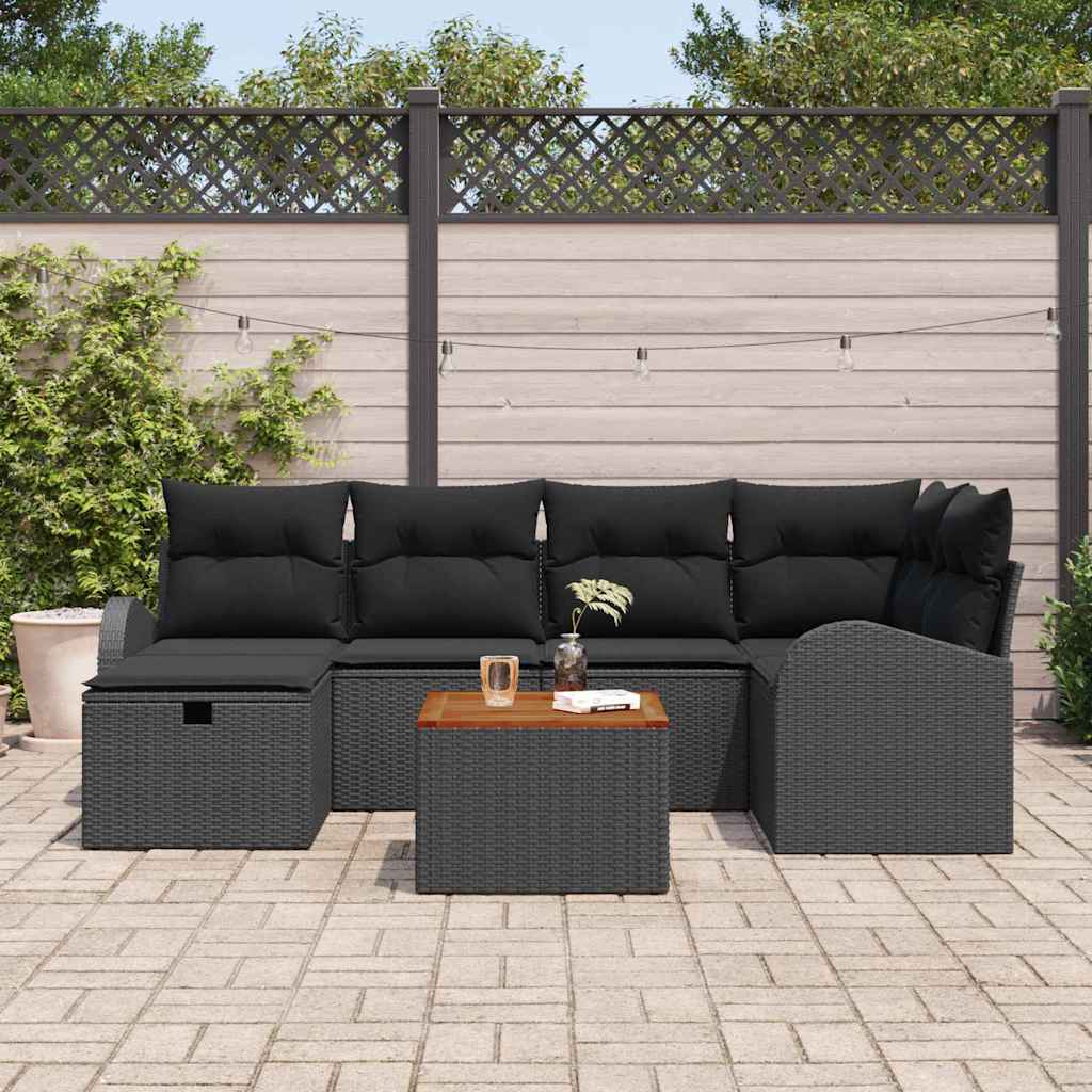Gartensofa-set mit Kissen 7 pcs Schwarz Poly-Rattan