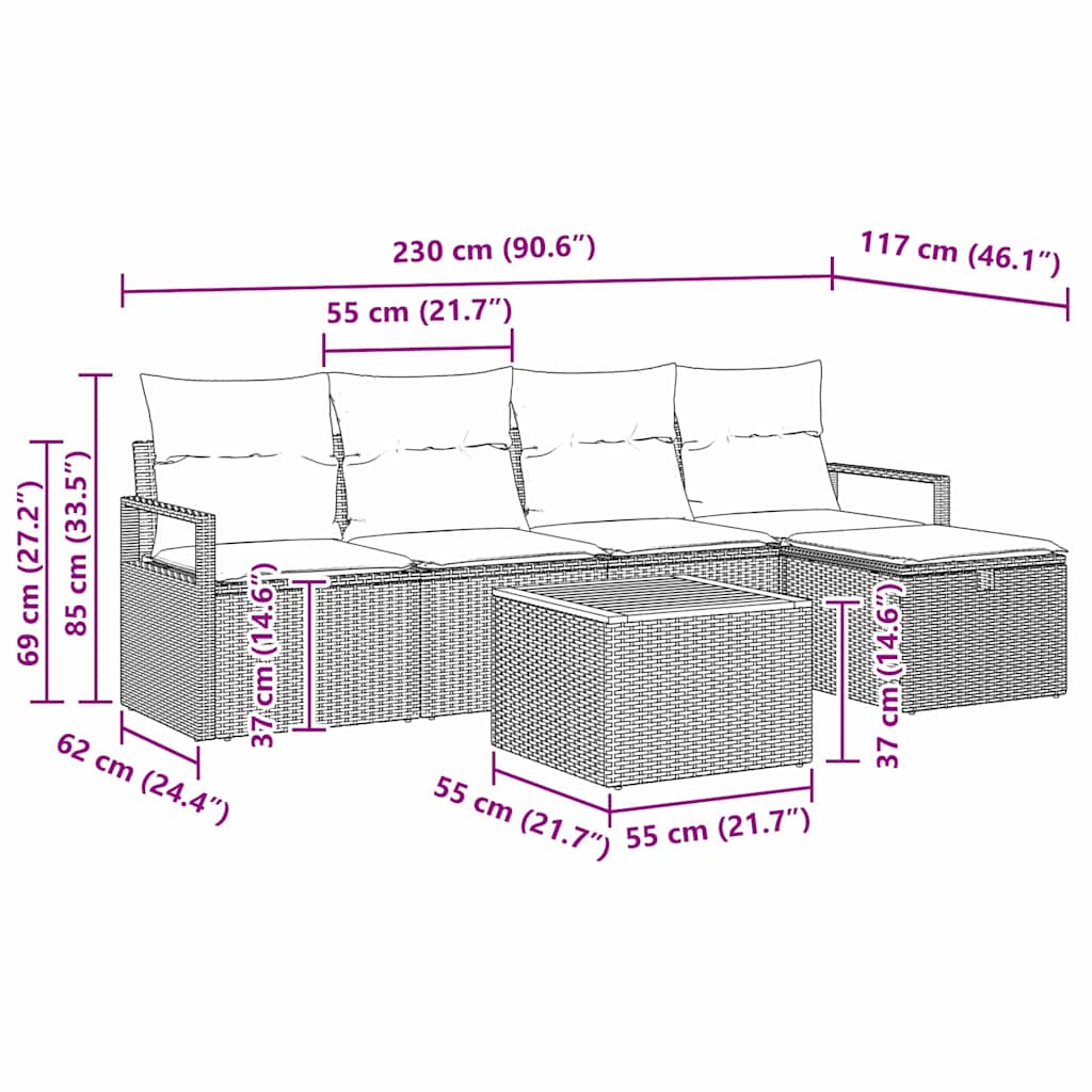 Gartensofa-set mit Kissen mit Speicher 6 pcs Grau Poly-Rattan