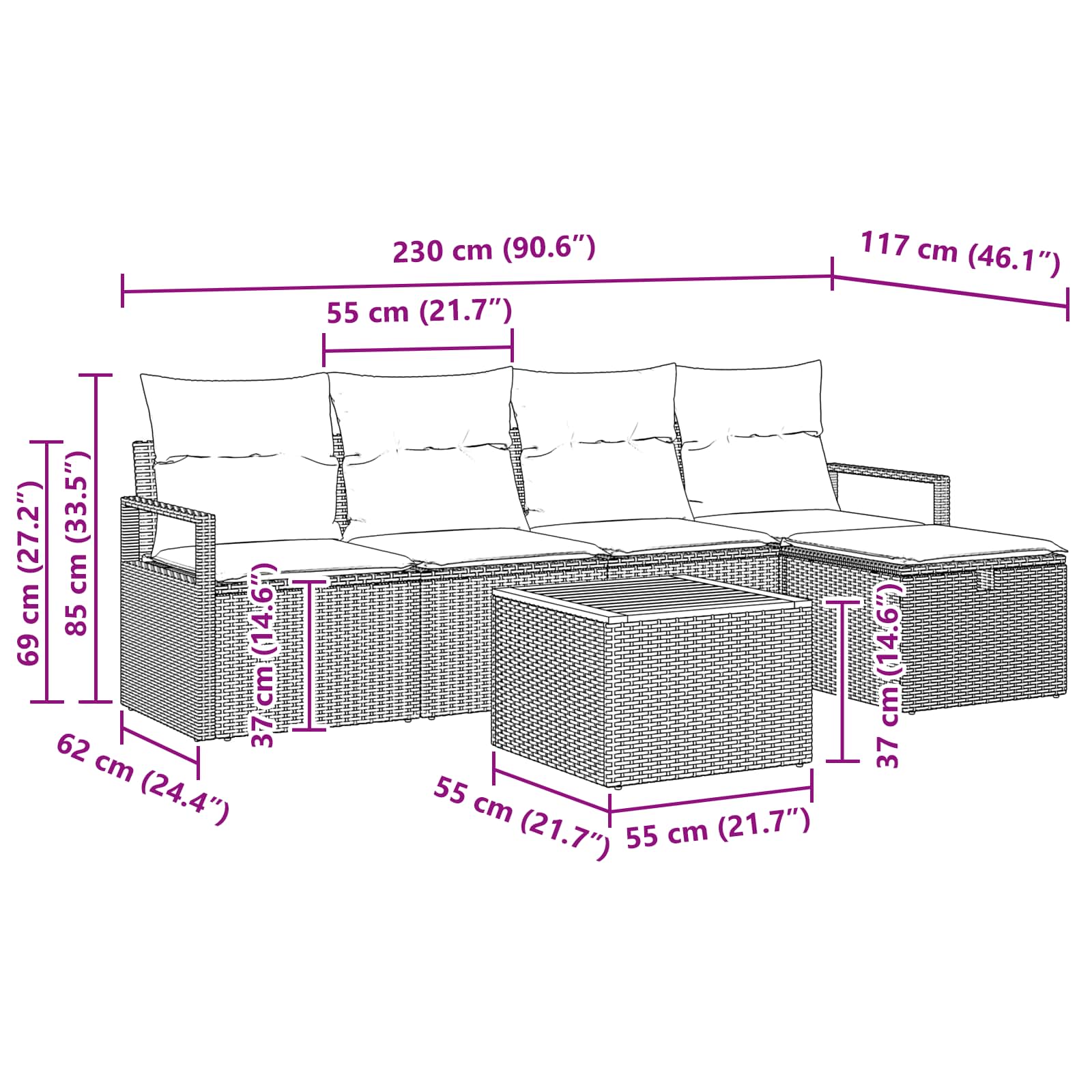 Gartensofa-set mit Kissen 6 pcs Schwarz Poly-Rattan