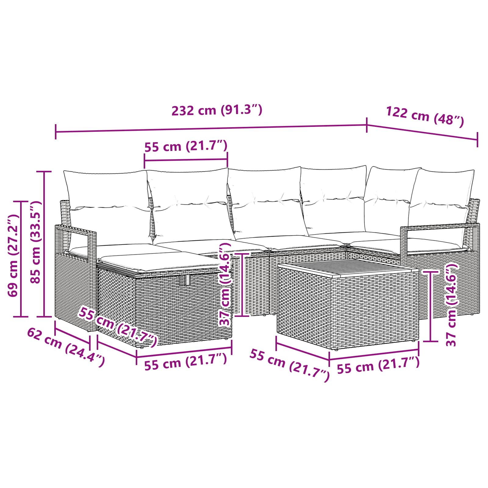 Gartensofa-set mit Kissen mit Speicher 7 pcs Grau Poly-Rattan