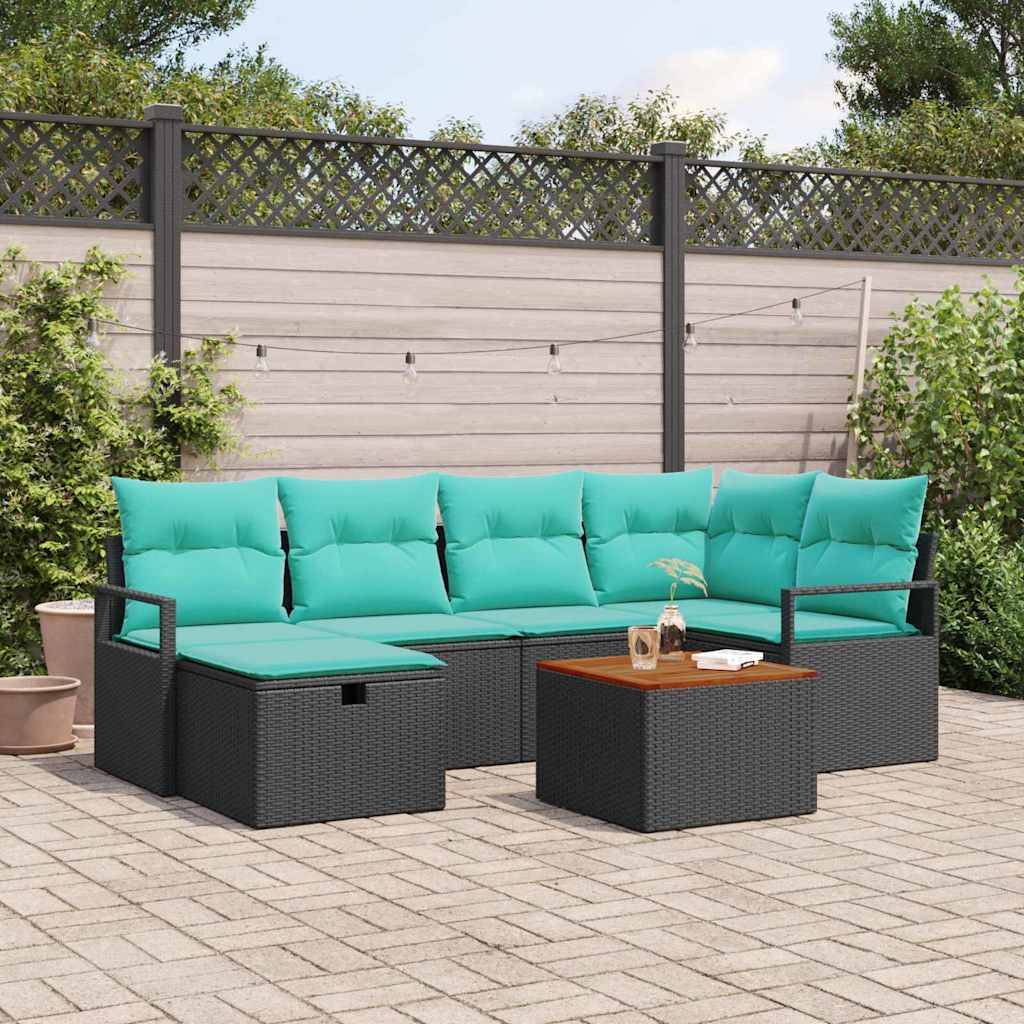 Gartensofa-set mit Kissen 7 pcs Schwarz Poly-Rattan