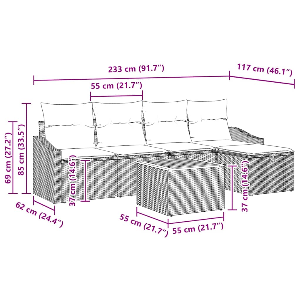 Gartensofa-set mit Kissen mit Speicher 6 pcs Grau Poly-Rattan